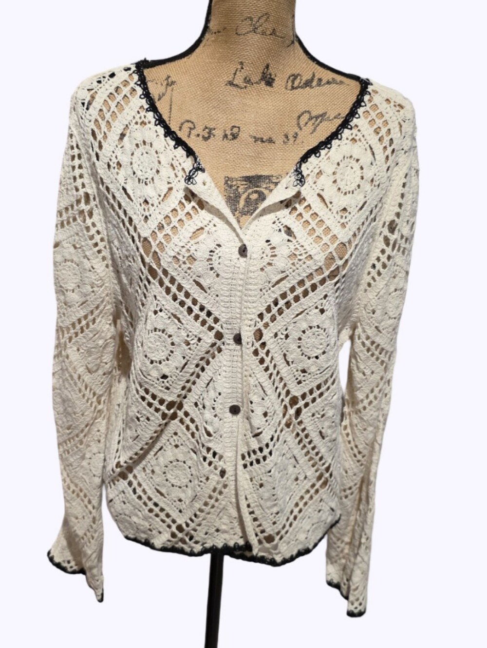 Ultra Pink Cream Cotton Crochet Cardigan Sweater Black Lace‎ Trim NWT Size L